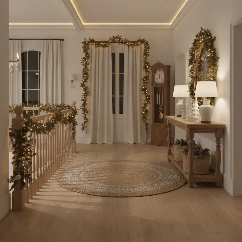 Finished cozy Christmas hallway with warm lights, greenery garlands, neutral decor, and a balanced festive atmosphere