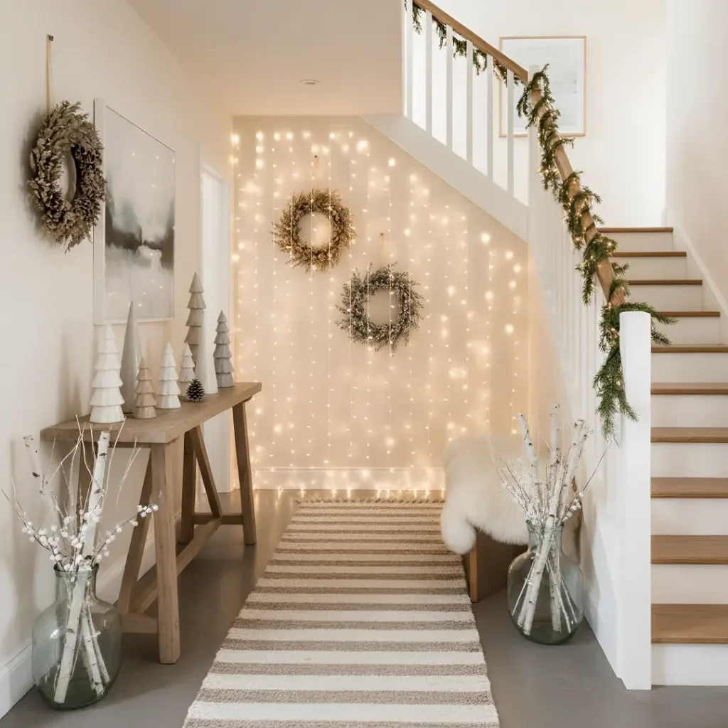 Neutral Christmas hallway decorated with beige tones, soft textures, and minimal festive accents for a peaceful look