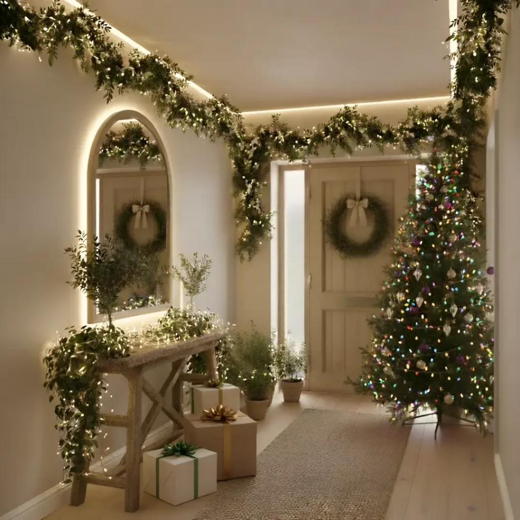 Natural greenery garlands and wreaths styled in a Christmas hallway to add warmth, balance, and a calming holiday feel