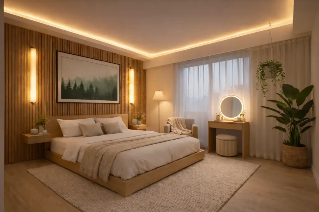 Cozy bedroom seating area with an accent chair, floor lamp, and warm lighting for a relaxing atmosphere.Fully decorated modern bedroom with wooden accent wall, warm lighting, greenery, and cozy neutral decor