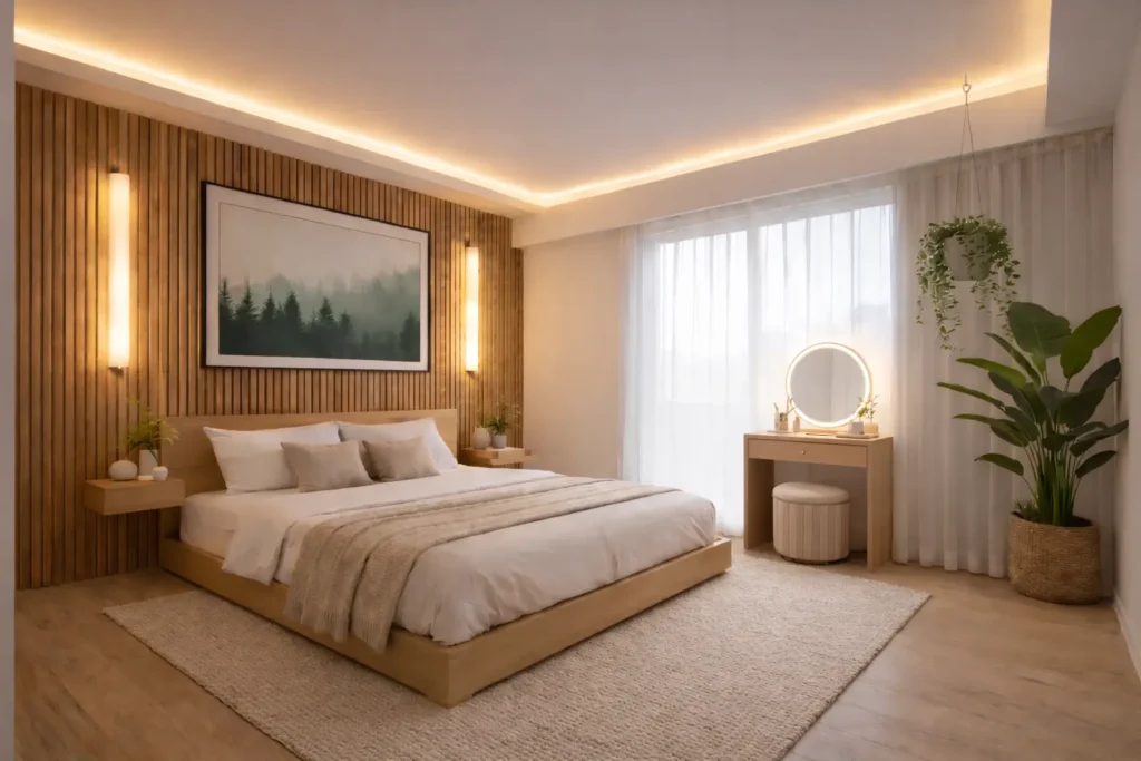 Stylish bedroom vanity corner with a wooden table, round illuminated mirror, and soft neutral decor