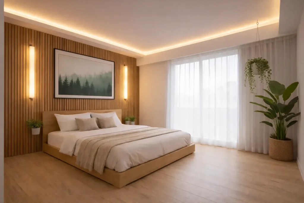 Cozy modern bedroom with indoor plants, including a tall floor plant and hanging greenery near the window