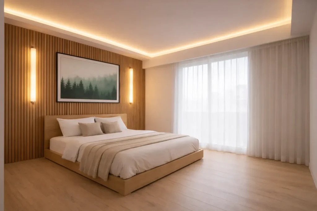 Contemporary bedroom with large framed nature artwork above the bed and warm ambient lighting