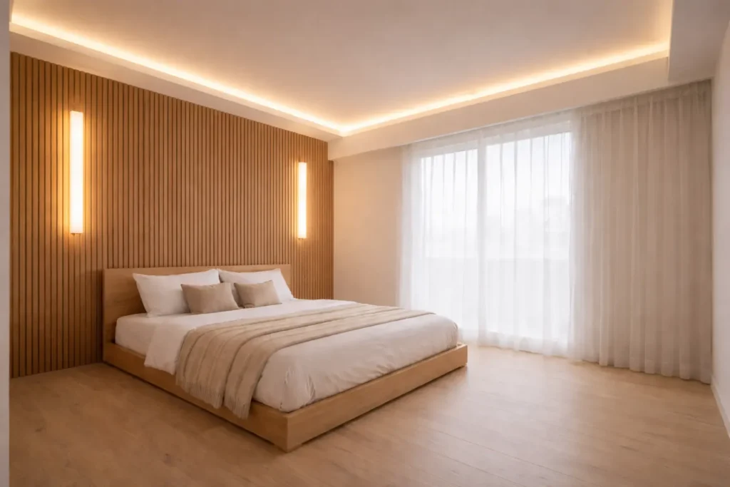 Modern bedroom with warm cove ceiling lighting and vertical wall lights creating a luxury hotel feel
