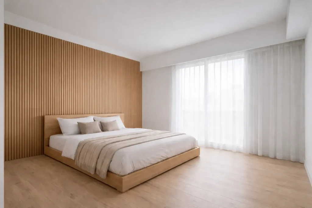 Modern bedroom featuring a wooden slat accent wall behind the bed with soft neutral tones