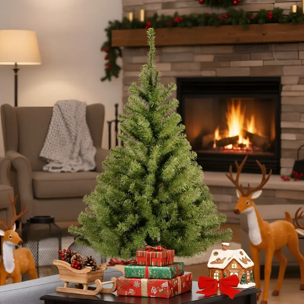 Small artificial Christmas tree styled in a cozy living space with festive decor, perfect for hallway or tabletop Christmas decorating
