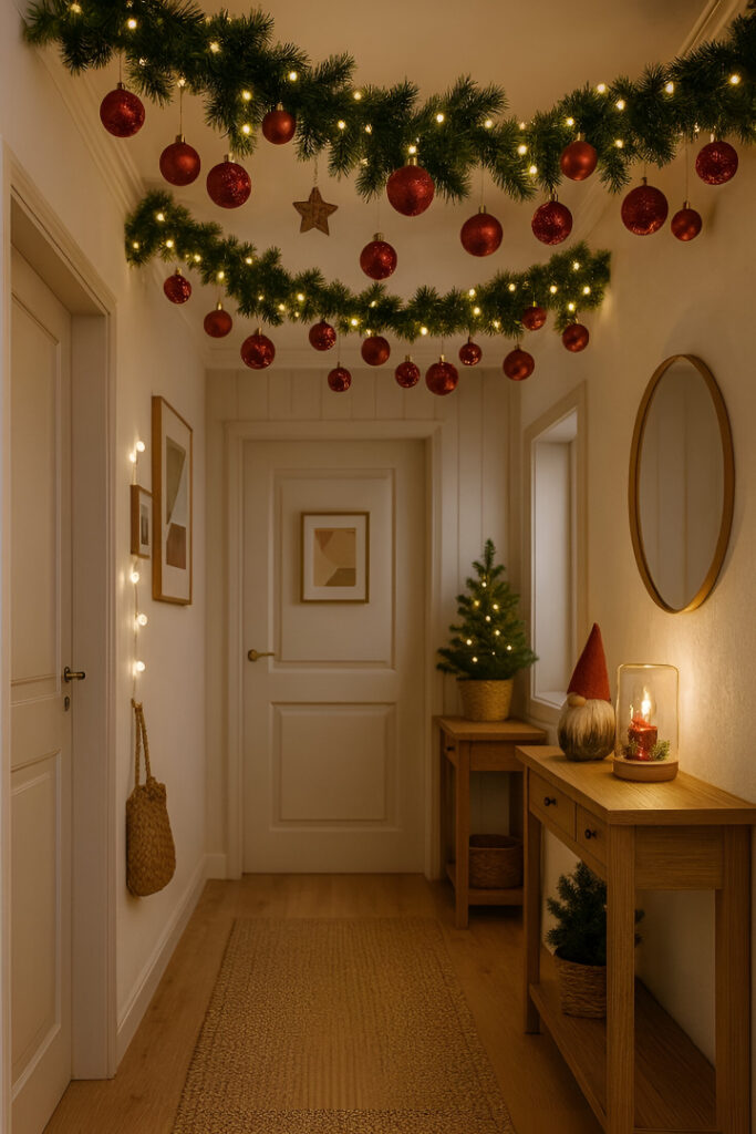 Cozy Christmas hallway with soft warm lighting, greenery garlands, and neutral decor creating a calm and welcoming holiday entrance