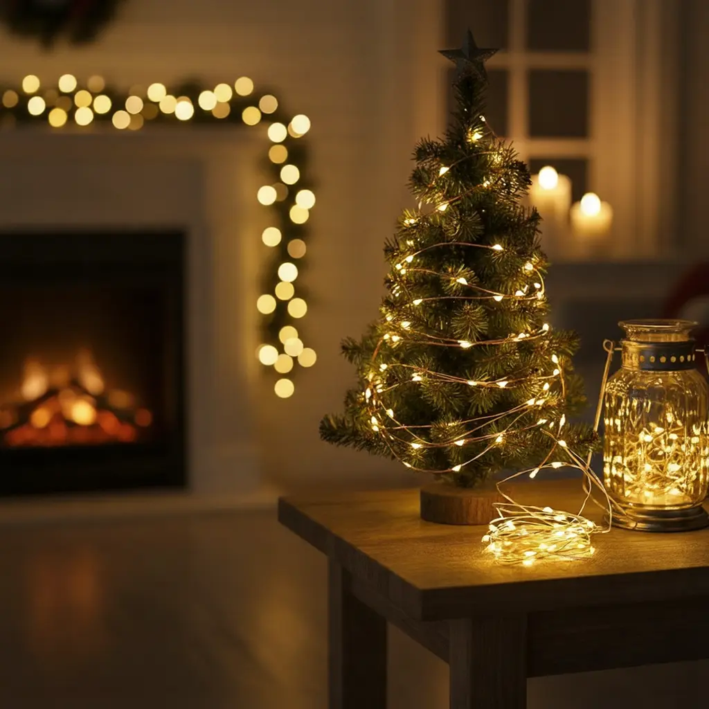 Warm white fairy lights styled on a small tabletop Christmas tree, adding soft glow and cozy holiday lighting indoors