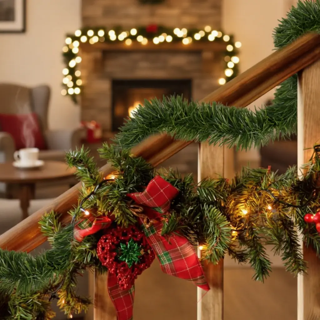 Artificial green pine garland wrapped along a staircase railing, adding natural Christmas greenery to a cozy hallway