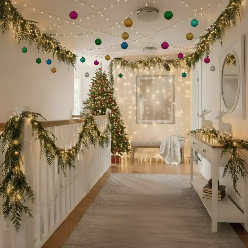 Christmas hallway ceiling decorated with layered greenery garlands and warm fairy lights creating a soft festive glow