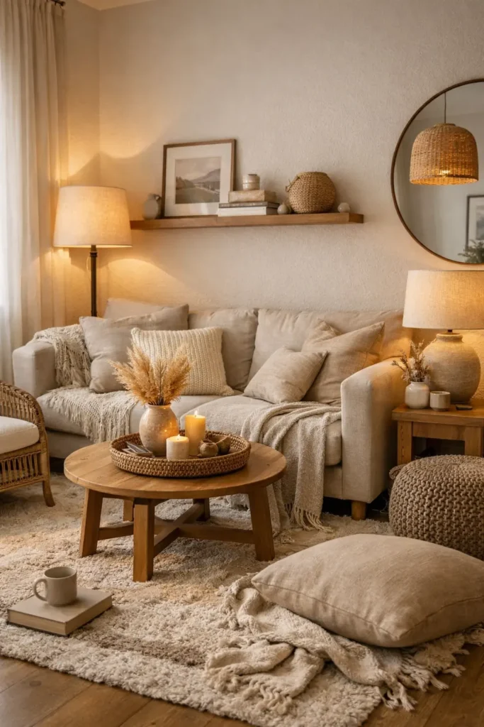 neutral area rug defining the seating area in a small apartment living room