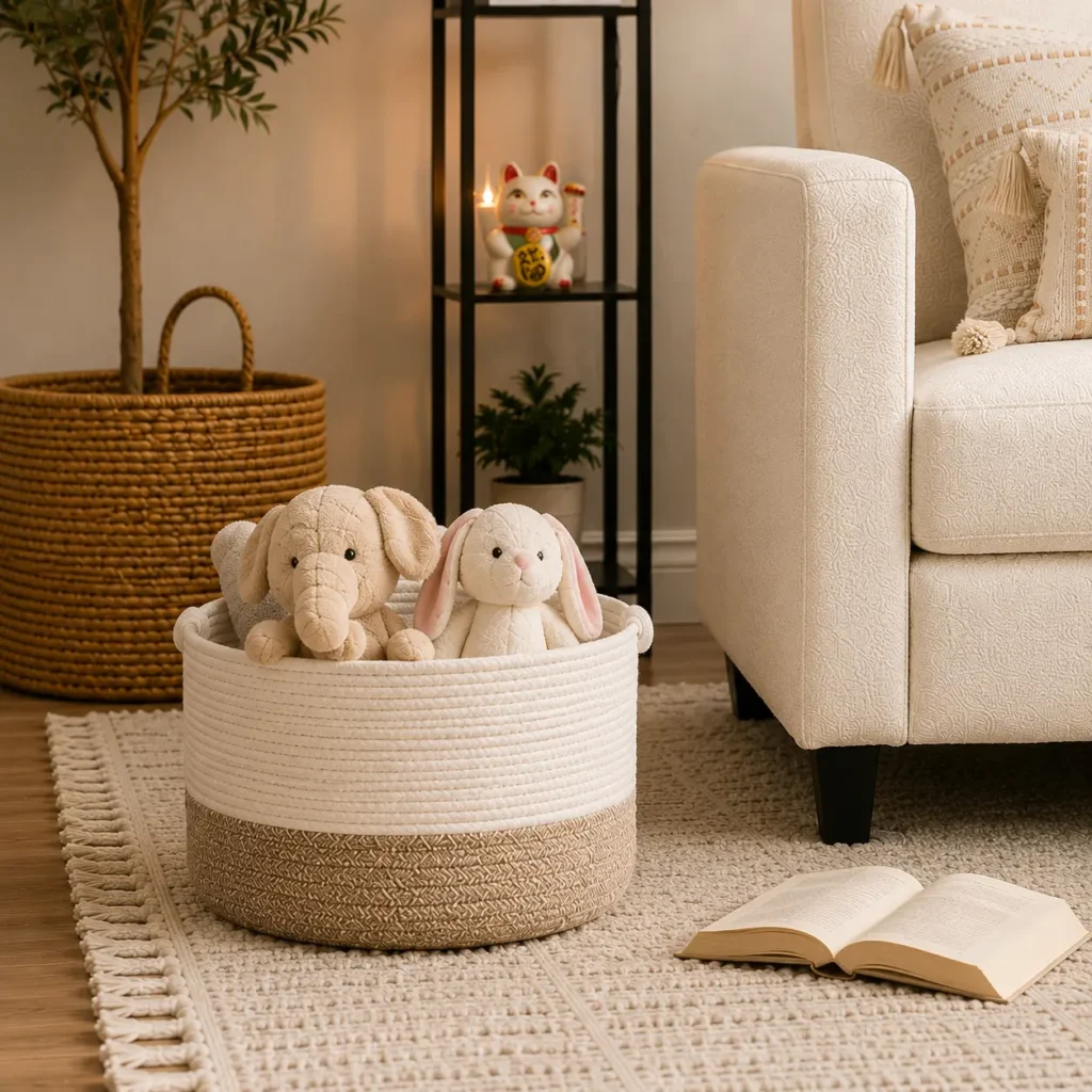 Two-tone white and natural woven storage basket beside a cozy reading chair, filled with soft plush toys on a textured neutral area rug.