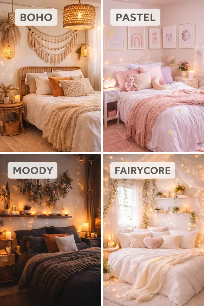 Aesthetic bedroom with cozy lighting, neutral decor, fairy lights, and budget-friendly styling inspiration
