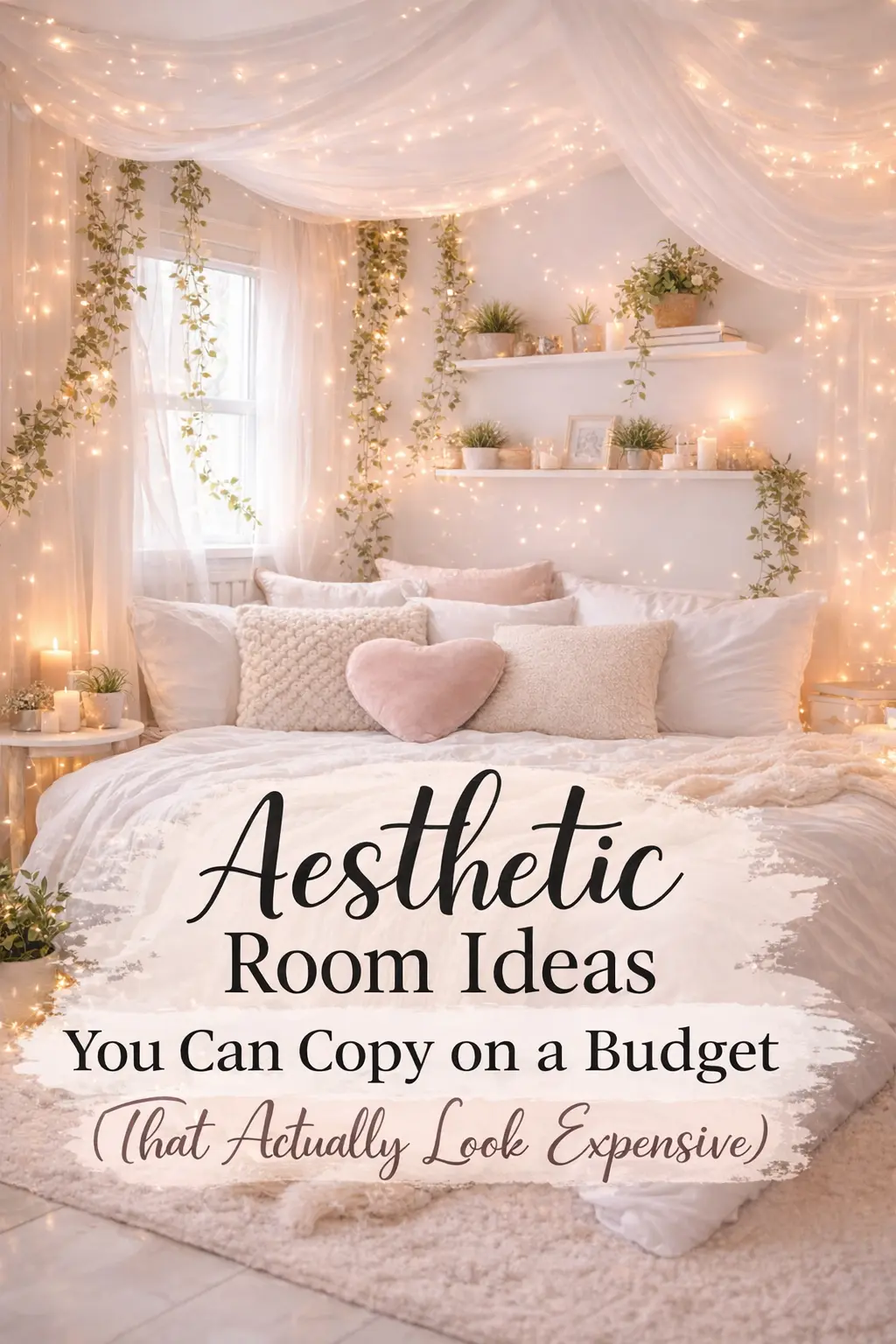 A cozy aesthetic bedroom featuring white and beige bedding, soft textured pillows, fairy lights, hanging faux vines, floating shelves, and warm ambient lighting, creating a dreamy, budget-friendly room decor idea that looks expensive.