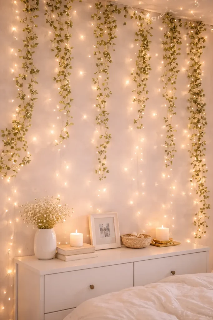 Aesthetic room with fairy lights and greenery creating a cozy budget-friendly bedroom look
