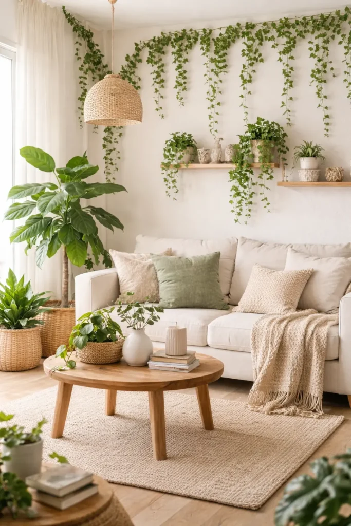 Aesthetic room decor with faux plants and greenery for a fresh and cozy vibe
