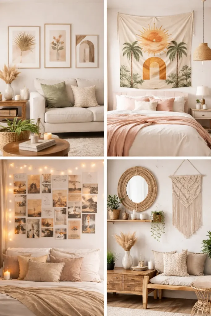 Aesthetic wall decor with tapestries and minimalist art for budget room styling
