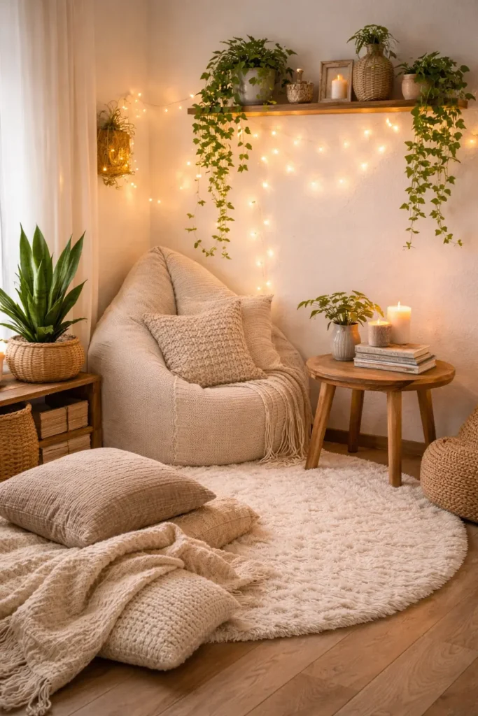 Cozy aesthetic corner with warm lighting, pillows, and decorative accents
