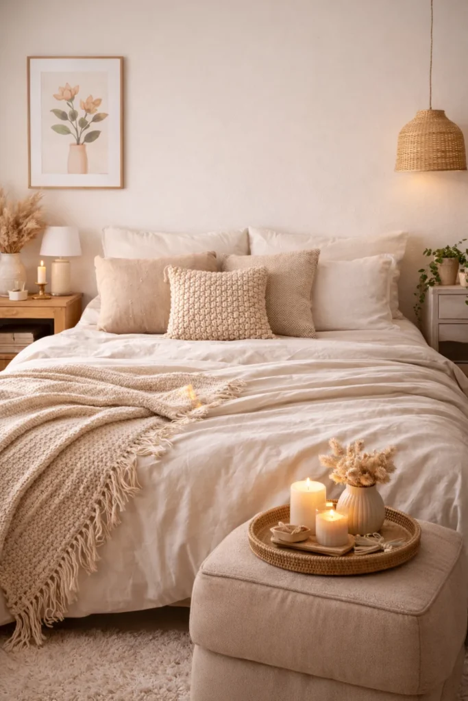 Cozy aesthetic bedroom with layered bedding, pillows, and soft neutral tones
