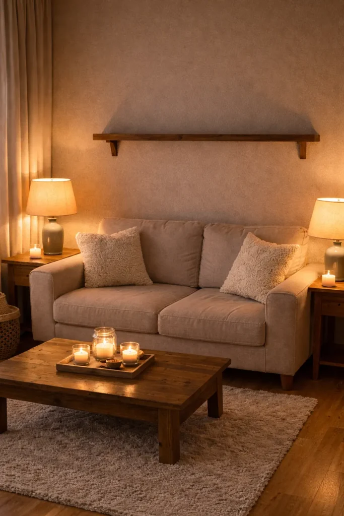 
Warm evening lighting in a small apartment living room using lamps and candles to create a cozy romantic mood.