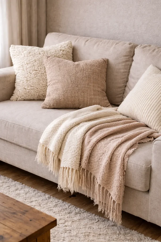 
Soft throw blankets and textured pillows in neutral tones adding warmth and coziness to a small apartment living room.