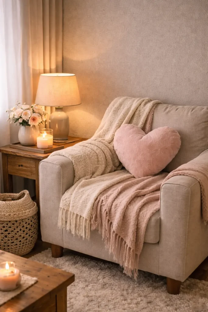 
Cozy Valentine’s Day decor corner in a small apartment with warm lighting, soft textures, and minimal romantic details.