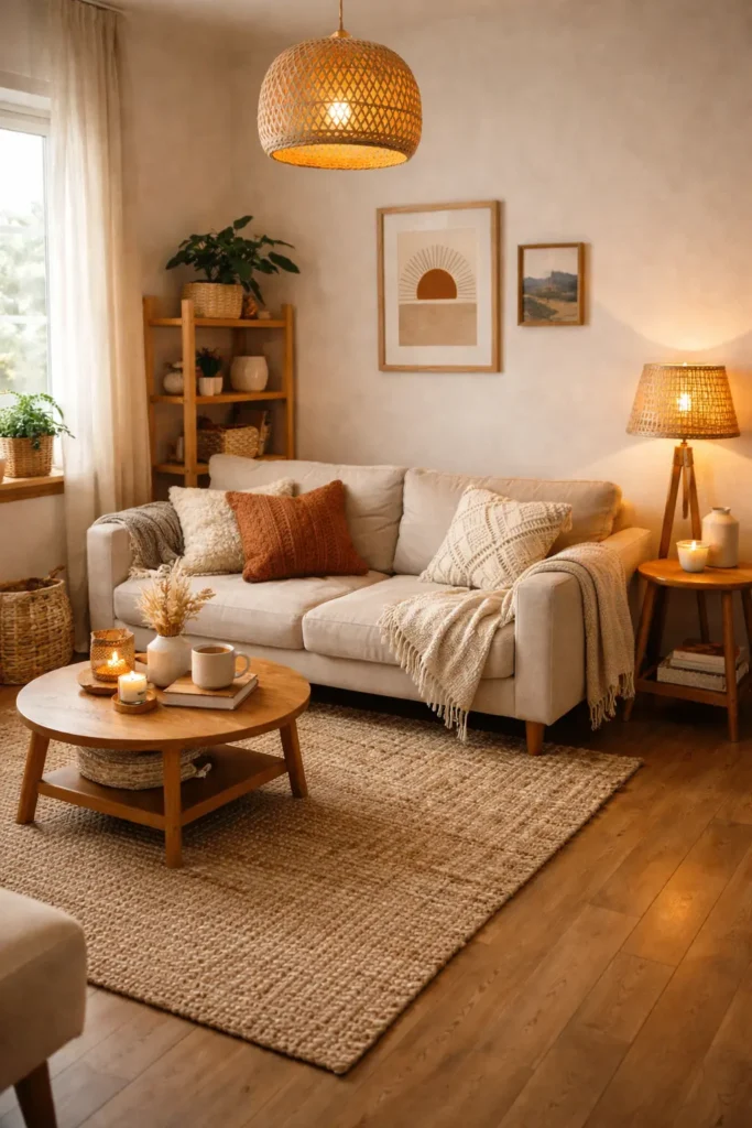 slim floor lamp adding warm ambient light to a small apartment living room