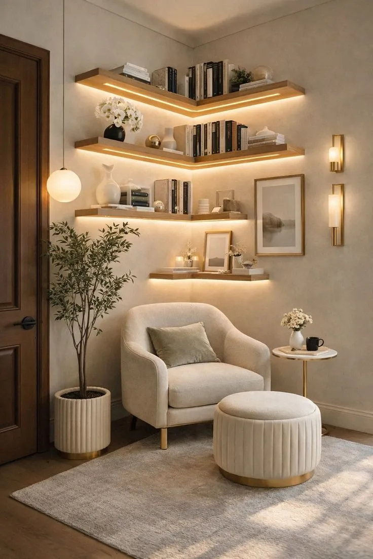 cozy corner interior in a small apartment, warm neutral color palette (beige, cream, soft taupe), floating wooden shelves with warm LED strip lighting, minimal shelf styling with books and ceramic decor, soft boucle armchair, round textured ottoman, small round side table, indoor plant in neutral planter, soft neutral rug, calm minimalist aesthetic, Japandi influence, warm ambient lighting, cozy atmosphere, lifestyle interior photography, Pinterest viral aesthetic, editorial style, soft shadows, depth of field, photorealistic, high detail