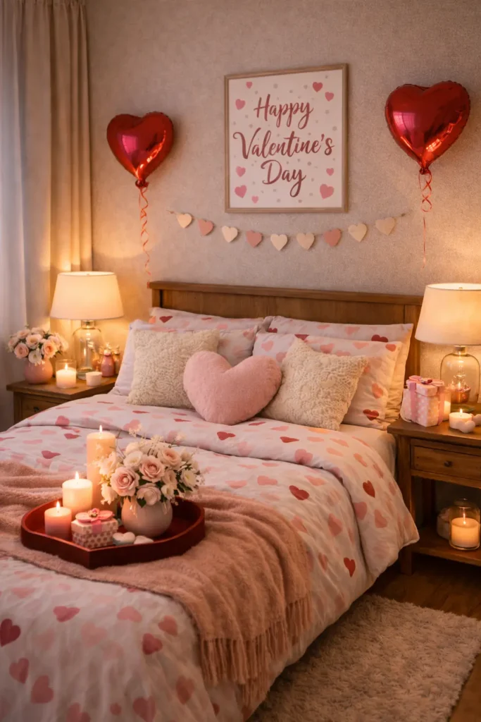 
Cozy Valentine’s Day bedroom decor in a small apartment with soft bedding, warm lighting, and neutral colors.