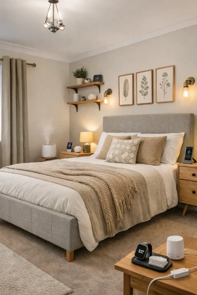 Cozy neutral-toned bedroom with a fabric upholstered bed, warm under-bed LED lighting, wooden nightstands, soft beige bedding, botanical wall art, floating shelves with decor, bedside lamps, smart gadgets on a table, and a humidifier near the window.