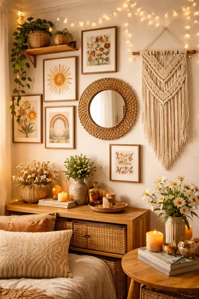 Cozy bohemian wall decor featuring a gallery of framed art prints, a round rattan mirror, macrame wall hanging, fairy lights, and a wooden console with plants, candles, and neutral-toned accents.