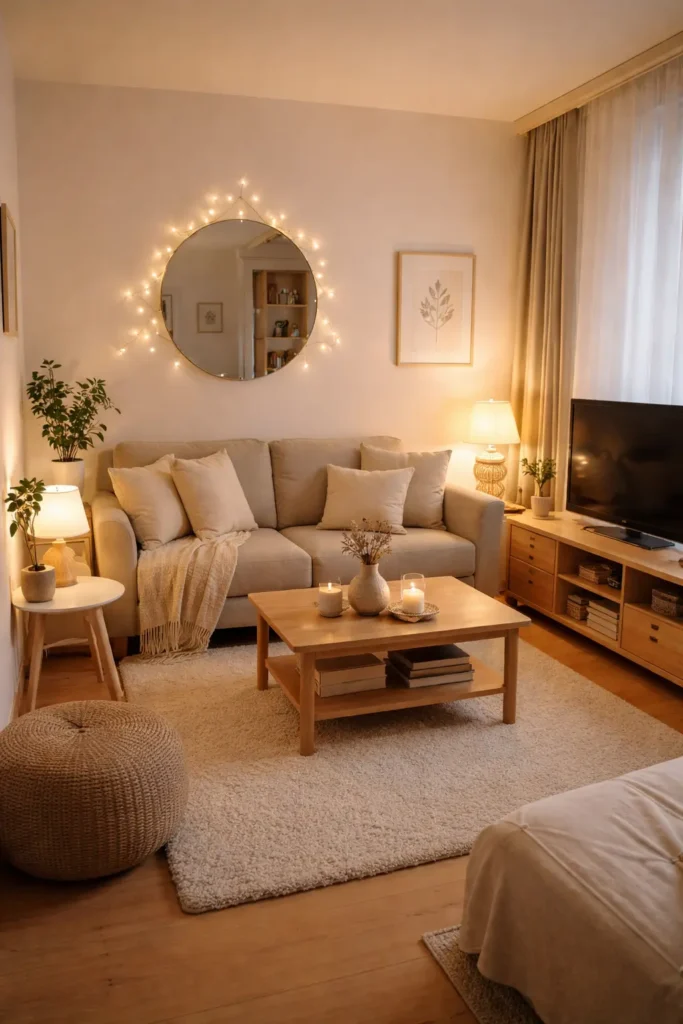 neutral area rug defining the seating area in a small apartment living room