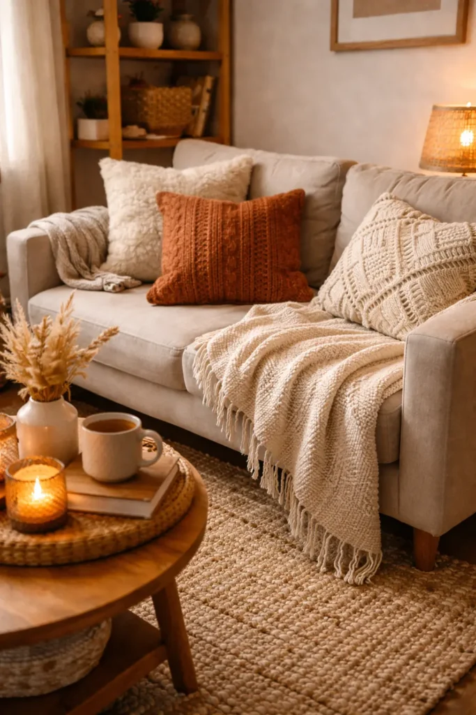 small apartment living room sofa styled with neutral throw blanket and pillows