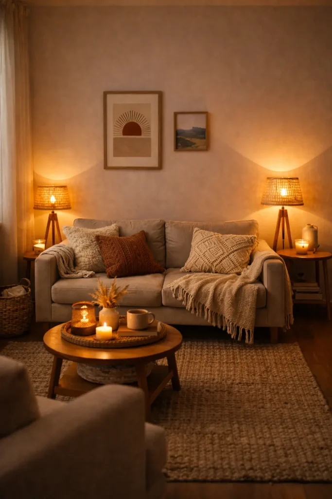 cozy living room lighting using a warm table lamp in a small apartment