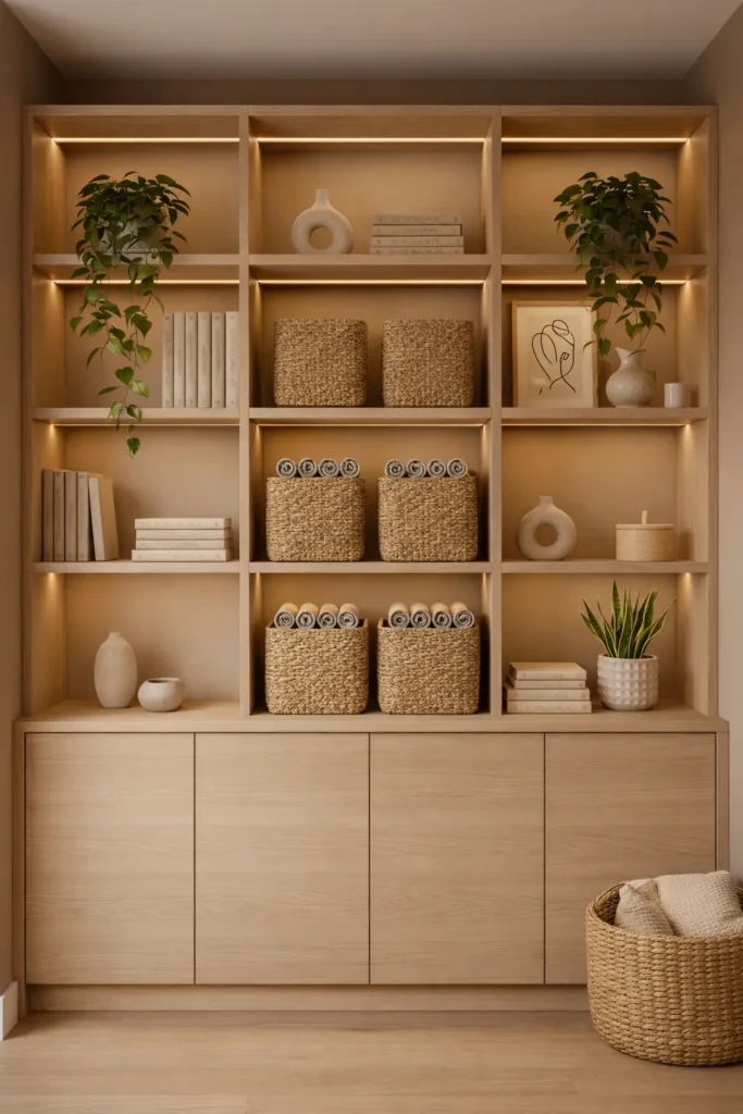 Cozy shelf storage with baskets, books, plants, and warm neutral decor.
