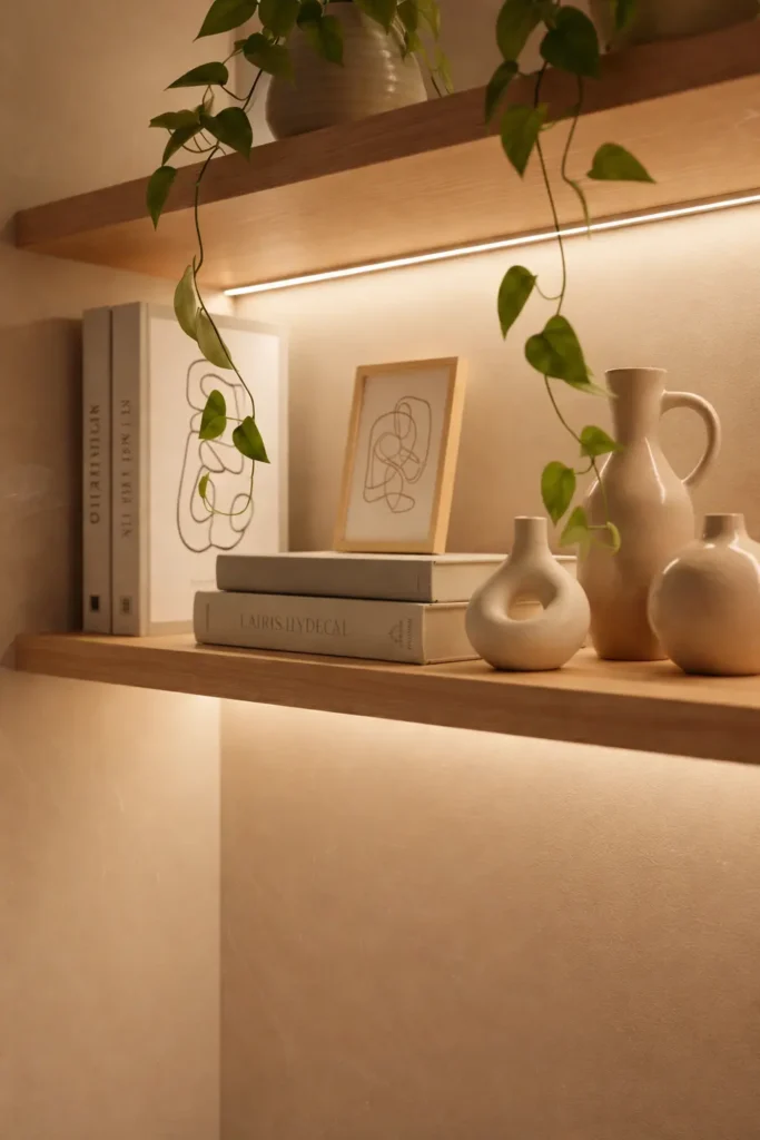 Neutral decor textures with ceramics, books, and warm shelf lighting.