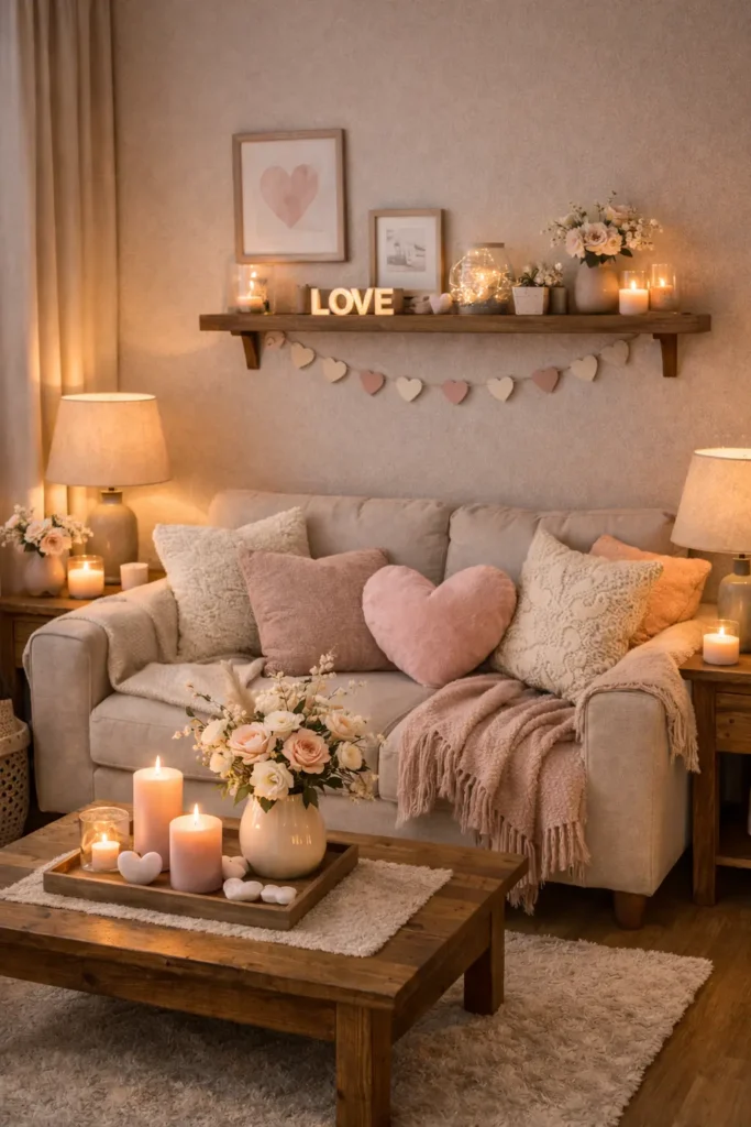 
Neutral Valentine’s Day decor in a small apartment living room using beige, cream, and soft blush accents.