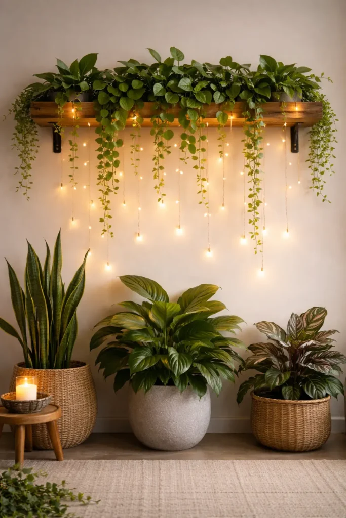 Aesthetic room with fairy lights and greenery creating a cozy budget-friendly bedroom look