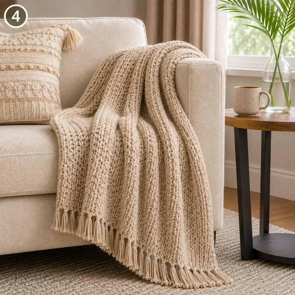 Chunky knit throw blanket draped over a cream sofa in a cozy neutral reading nook, with a textured decorative pillow, wooden side table, ceramic mug, and natural greenery.