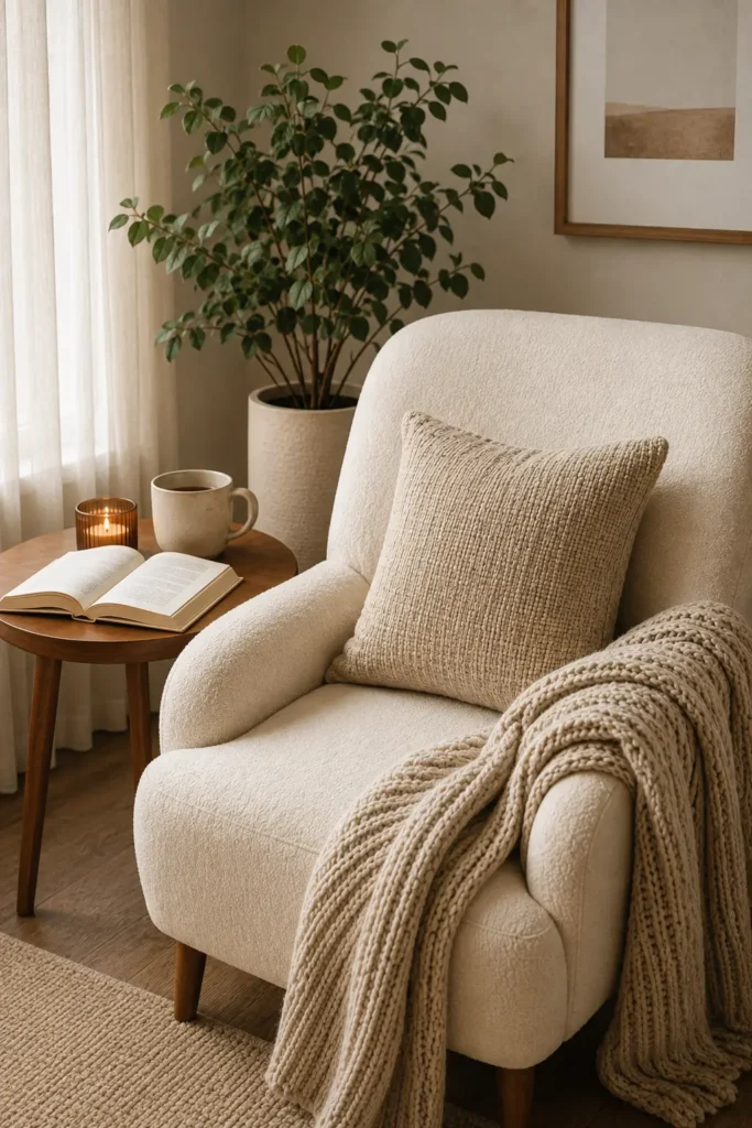 Cozy cream reading chair with textured pillow and chunky knit throw beside a wooden table with an open book, coffee, candle, and indoor plant