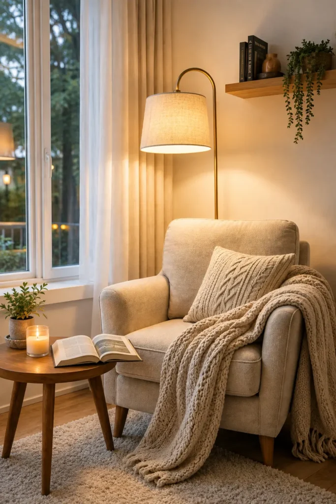 Cozy reading chair beside a warm floor lamp and window with an open book, knit blanket, candle, and wooden side table.