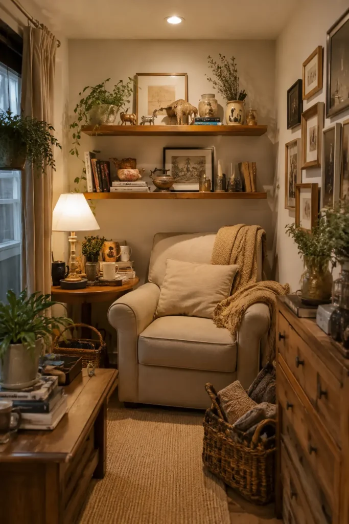Cozy reading corner showing common decor mistakes, with an oversized chair, cluttered side table, crowded furniture, and limited walking space in a warm neutral apartment interior.