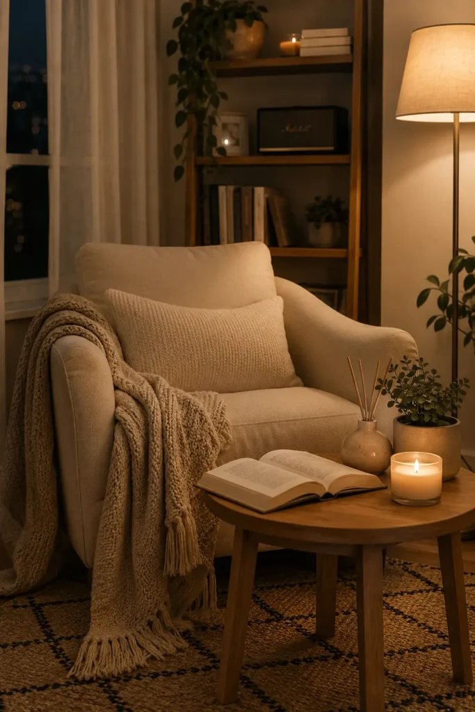 Cozy reading corner with cream armchair, warm lamp, blanket, and books