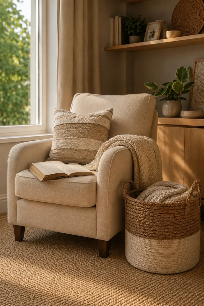 Cozy reading nook with a cream armchair, open book, knit blanket, woven basket, textured rug, plants, and warm wood shelves.
