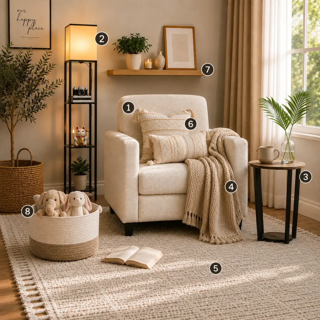 Cozy reading nook with a cream reading chair, floor lamp, side table, throw blanket, textured area rug, decorative pillows, floating shelves, and woven storage basket, numbered for easy product identification.