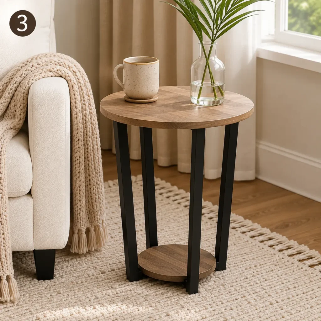 Cozy reading nook featuring a round wooden side table with black metal legs, ceramic mug, glass vase, cream armchair, chunky knit throw, textured rug, and number 3 product callout.
