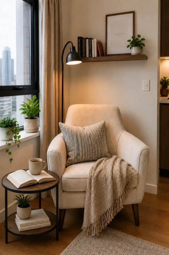 Cozy cream reading chair beside a wooden side table with an open book and coffee mug, warm floor lamp, plants, and neutral decor.