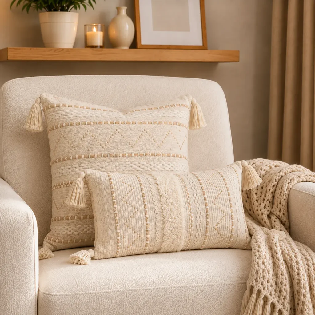 Cream neutral beige boho decorative pillows with woven geometric patterns and tassel details styled on a cozy reading nook armchair.