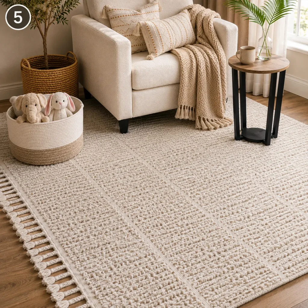 Cream textured area rug with tasseled fringe styled in a cozy reading nook with a beige armchair, chunky throw blanket, woven storage basket, and wooden side table.