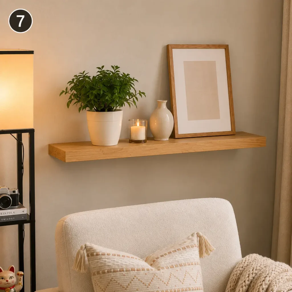 Natural wood floating wall shelf styled with a potted plant, ceramic vase, candle, and framed artwork in a cozy reading nook.